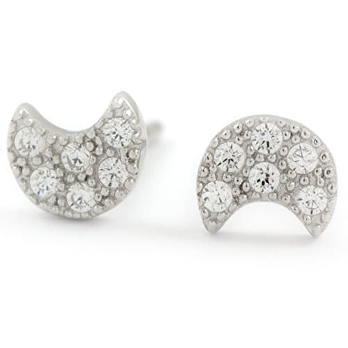 Sterling Silver Stud Earrings Moon Crescent CZ Studs Small Dainty Pave Cubic Zirconia Everyday Simple Christmas Gift