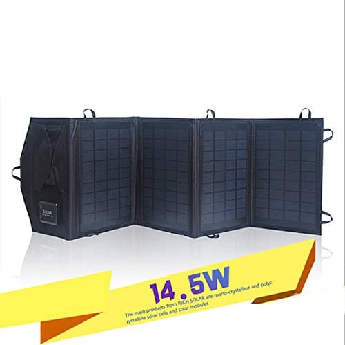 Lightweight Solar Panel Charger 14 W/2.1 A and 5 V 2.5 A RAVPower High Foldable Portable Solar Energy Conversion Powerful Waterproof Dual USB Ports for iPad, iPhone, Tablet, Pda, Mp3, Mp4, Digital Camera, 6 V, 9 V Devices, Battery, Power Bank 3.7 V Battery, 18 V Devices 12 V Battery