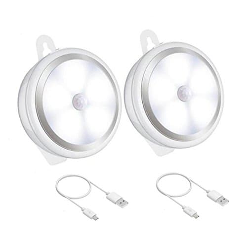 Motion Sensor Light, Carryme[2 Pack] 5 LED Long Life Cordless USB Rechargeable PIR Motion Activated LED Night Light with Free Adhesive Pads and Hanging Hoop , Wirless Kids Safe Desk Lights Wall Lamps Stick-Anywhere Indoors for Hallway, Stairs, Bedroom, Nursery, Bathroom, Kitchen,Cabinet,Closet,Wardrobe,Cupboard,Basement,Bookcase (White)