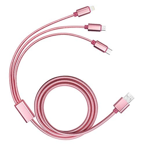 USB Type C Cable, PowerLine USB 2.0 (4ft) Charging Cable with Micro USB, USB Type C, Lighting Cable Compatible for iPhone 5/5s/5c 6/6s Plus, Latest Mac, Nexus 6P, Android Phones(Rose)