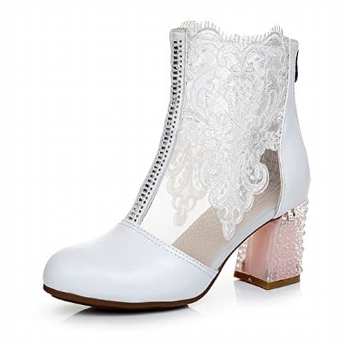 Spring and Summer Leather Lace Flower Net Cool with a Thick High-Heeled Fish Mouth Sandals Sexy Single Boots,White,35