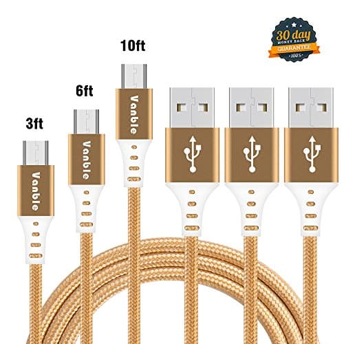 Micro USB Cable, Vanble Nylon Braided High Speed 2.0 USB to Micro USB Charging &amp; Sync Durable Charging Cables Android Charger Cord for Samsung/HTC/Windows/MP3/Camera and Other Device (3 Pcs, Gold)