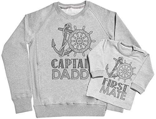 SR - Captain Daddy &amp; First Mate Father &amp; Baby Sweatshirt Gift Set - Matching Sweater Dad &amp; Baby Gift Set - Grey, XX-Large &amp; 0-6 Months