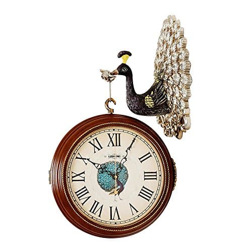 Xinba European Double-sided Wall Clock Peacock Open Design Creative Clock Personality Modern Art Decorative Clock Mute Quartz Clock (Color : Brown)