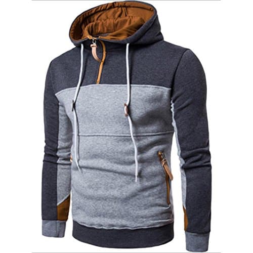 Patchwork Pullover for Men FriendG Long Sleeve Stand Collor T-shirt Casual Stylish Tops Blouse Leisure Party Beach Sweatshirt Gentleman Zipper pocket Sexy Drawstring Outwear (XL, Deep Gray)