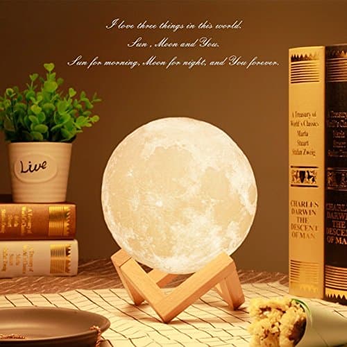 SinoFish 15CM 3D Printing LED Moon Lamp Touch Control Dimmable Desk Lamp USB Charging Night Light With Wooden Holder Rechargeable Moon Light (5.9 inch)