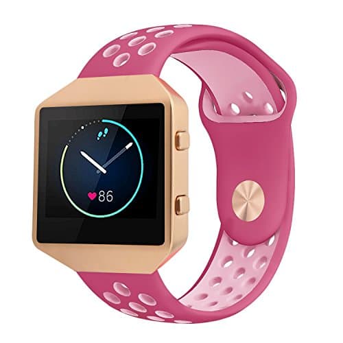 Fitbit Blaze Strap Silicone with Frame, Large Breathable Sport Replacement Wrist Strap with Rose Gold Metal Case for Smart Fitness Watch Women Men (Red/Pink Large)
