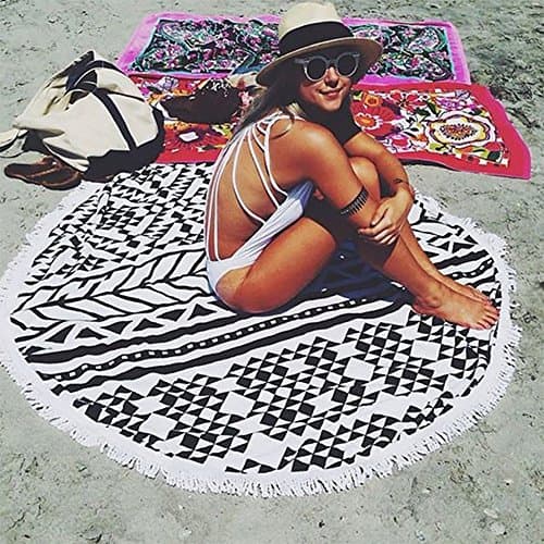 Summer Large Microfiber Printed Round Beach Towels With Tassel Circle Beach Towel Serviette,Black