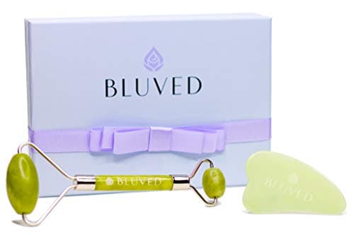 BLUVED Jade Roller for Face and Gua Sha Set - UPGRADED Design & Premium Natural Jade Stone - Face, Eye, Neck, Body Massager for Puffiness, Tension Relief, Anti Aging, Lymphatic Drainage - Perfect Gift