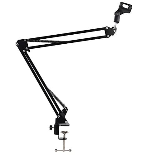 Hellniya Foldable Studio Adjustable Microphone Suspension Boom Scissor Arm Stand with Mic Clip Holder and Table Mounting Clamp
