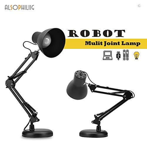 Multi Joint Swing Arm Desk Lamp Kit Clamp Tabletop Light Night Bedside Lamp Retro Vintage Architect Style with 48Pcs Eye Caring Led Adjustable Lighting Modes Metal ABS Made for Study Room Black