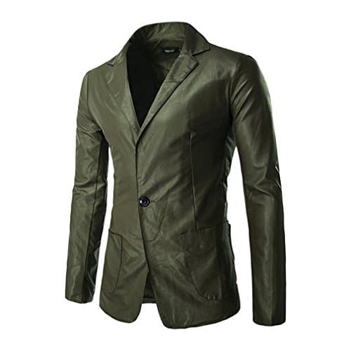 dewnkks Leather Suit Balzers Casual Solid Slim Single Button Pocket Suit Jacket Army Green M