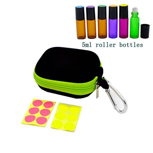 Stylish Essential Oil Key Chain Case with 6 Roll on Bottles(5ml), Blank Labels, Fits Easily in Purse or Makeup Bag, Carry Your Favorite Essential Oils Everywhere You Go, Green