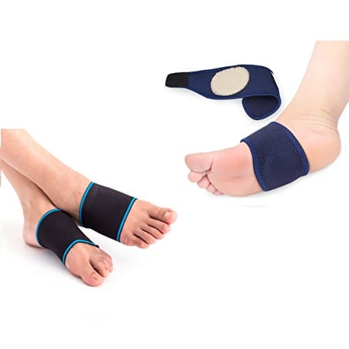 Compression Arch Support Brace/Sleeves (1 Pair) and Adjustable Plantar Fasciitis Arch Support Wraps with Gel Cushion (1 Pair) for Plantar Fasciitis, Foot Pain &amp; Flat Feet Relief (4 Pieces Set)-Size M