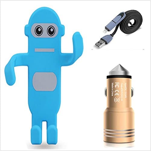 JINGRAN Super 3 In 1-Silicone Bendable Car Air Vent Phone Holder And 2 USB Ports Safety Hammer Car Charger And Lightning-Micro Connectors Cellphone Cable (Blue Robot)