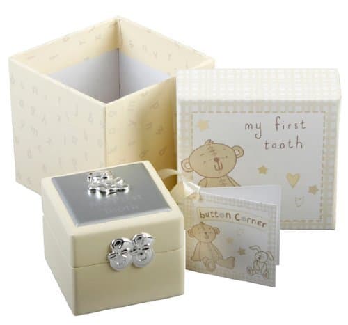 Baby Christening Gift. Button Corner First Tooth Box