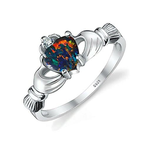 CHIC Black Fire Opal Multicolor Irish Claddagh Rainbow Ring Solid 925 Sterling Silver Love Heart Gemstone Jewelry October Birthstone