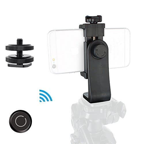 Vikdio Cell Phone Tripod Mount Adapter with 1/4" Tripod Screw to Hot Shoe Adapter & Bluetooth Remote, Adjustable Clamp Holder Rotates Vertical and Horizontal, Fit iPhone Samsung all Phones