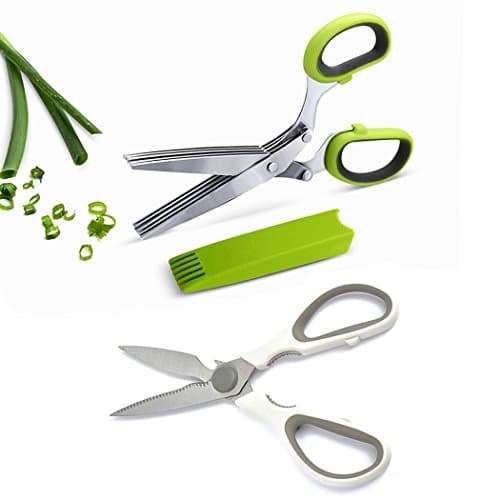 Kitchen Shears Herb Scissors Multipurpose Stainless Kitchen 5 Blades Steel With Cleaning Cover, Soft Grip Rubber Handles and Nylon Pouch