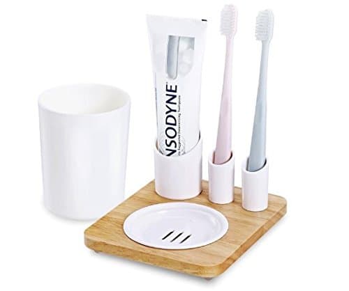 xdobo Bathroom Multifunctional Toothbrush Toothpaste Holder Stand Organizer Plastic Storage Rack with wooden base, Toothbrush Holder with Japanese style, best gift for home and family