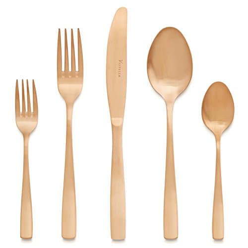 Vistella 5-Piece Matte Rose Gold Copper Dinnerware / Flatware Set - Premium Quality Silverware made of Fine Stainless Steel Metal - Elegant Modern &amp; Luxury Design Cutlery for Everyday Casual Use