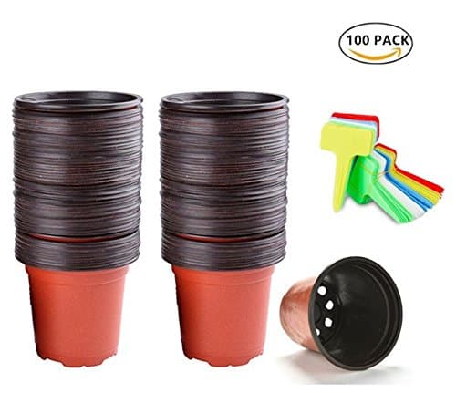 100-Pack 4" Reusable Plastic Flower Seedlings Nursery Pots with 100PCS 5 Colors Waterproof Plastic Nursery Garden Labels Plant Tags