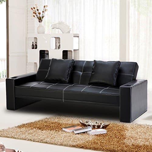 RECLINER GENIUS Leather Sofa Couch Sleeper Bed with Two Pillows ,Black