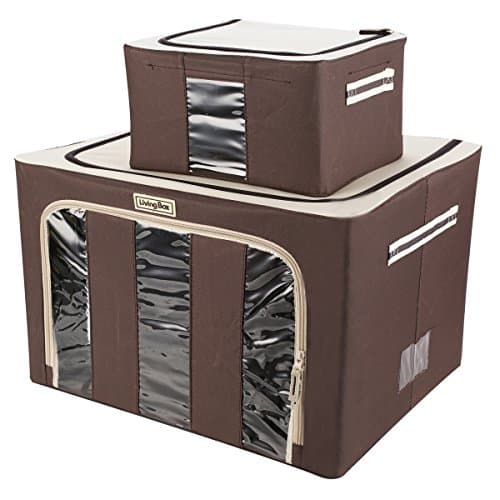 LivingBox Extra-large Foldable Storage Containers Fabric with See-Through Window, Oxford Fabric Storage Bins, 2 Pack ( 66 Liter & 11 Liter ), Chocolate