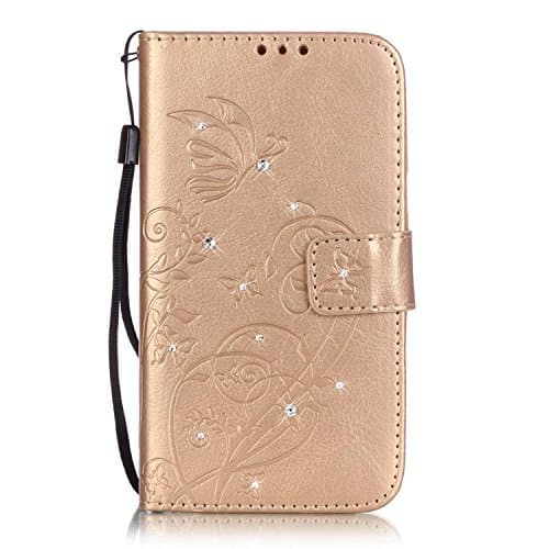 iBerry iPhone 7 Plus Wallet case, Classic [Flower with Rhinestone] Folio PU Leather Wallet Case Cover with 3 Card Slots for Apple iPhone 7 Plus, Gold