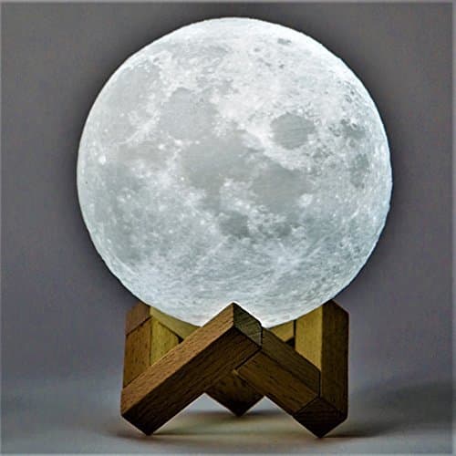 3D Printed LED Lunar Moon Night Light, Rechargeable 4.9 inch Diameter Lamp with Touch Control Dimming and Wood Stand