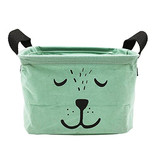 Small Foldable Storage Basket with Handles, Cotton Linen Storage Bin Organizer for Nursery Kids Shelves &amp; Desks (Lovely Smile, Cyan)