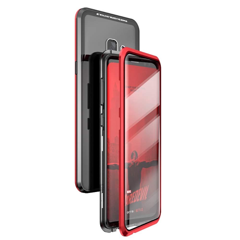 360° Full Body Case For Samsung Galaxy S9 Plus + Case,[Front and Back Of Clear Touchable Strong HD Tempered Glass] With Built-in Screen Protector Magnetic Adsorption Metal Protection Cover Black+red