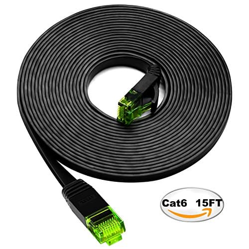 Cat6 Ethernet Cable 15ft Flat, iTLTL Network Cable Slim Internet Patch Lan Wire Pure Copper with Green Snagless RJ45 Connectors - 15 feet Black