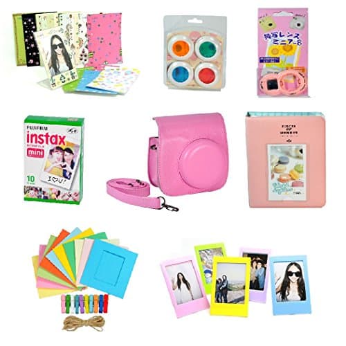 Fujifilm Instax Mini 9 Camera 8-in-1 Accessories Bundle - PINK (10-sheet Print Pack, Case, Album, Close-Up Lens, Selfie Lens, Mini Frames, Polaroid Sticker Set, Wall Hanging Frame)