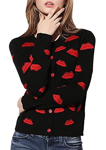 Hellofashion Women's Cropped Design Tops Single Breasted Embroided Ribbed Pullover Sweater Black Asian L/US 6(Bust:34.6")