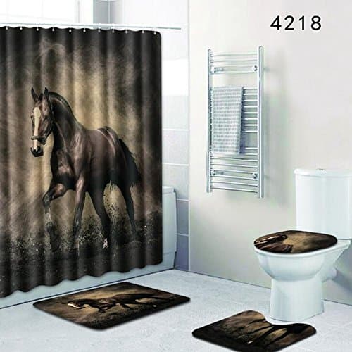 WillsCase 4pcs/set Bathroom Mat Set 3D Horse Animal Pattern Non Slip Bath Rug Microfiber 180x180cm Shower Curtain Mat/Rings Anti Slip Toilet Mat Sets