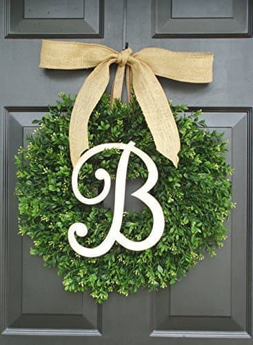 Custom Thin Full Artificial Boxwood Wreath with Painted Monogram/Bow, Welcome Guests- Decorative Front Door- Outdoor, Storm Doors, Indoor Home Wall Décor, All Seasons & Holidays Sizes 16-24 inch