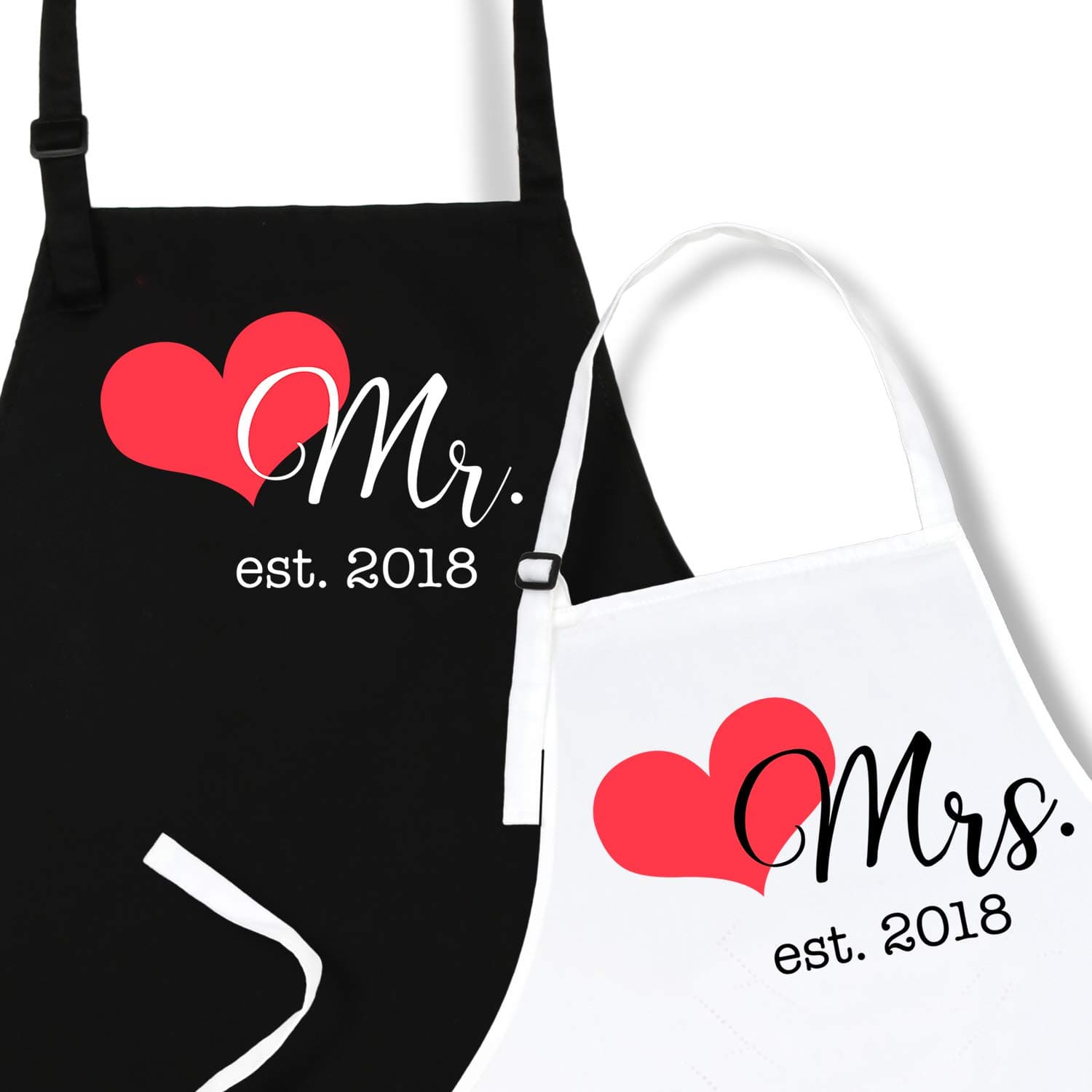 Mr. and Mrs. Aprons Est. 2018, His and Hers First Anniversary Aprons for Couples - Bridal Shower or Engagement Gift Set from Plum Hill