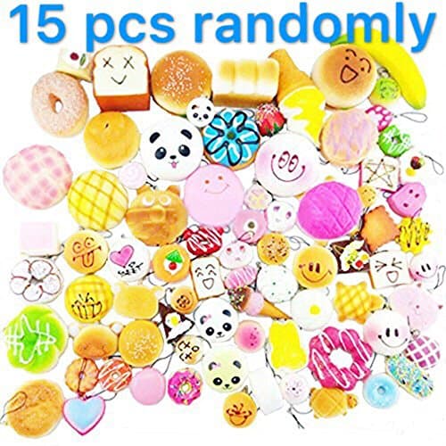 Squishies 15 pcs Kawaii Slow Rising Medium/Mini Random Cake Bread Panda Bun with Phone Straps ibloom squishy (15 pcs)