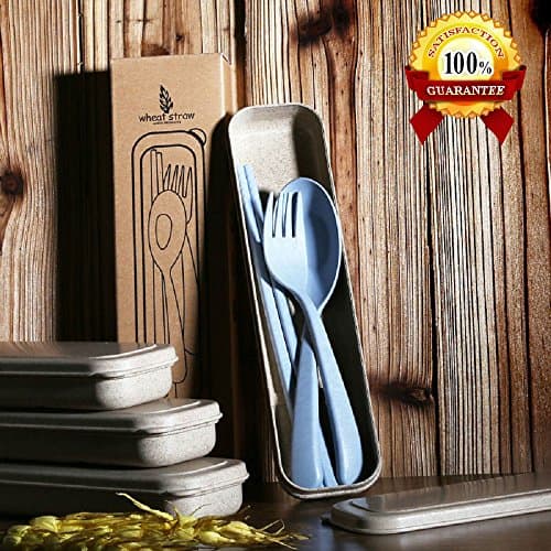 Top Rated QG 2 Sets Creative Tableware - Fork, Spoon and Chopsticks Made by Wheat Straw - Environment Friendly, Safe to Use and Very Suitable for Camping, Picnic and Travel. (2 Set Blue)