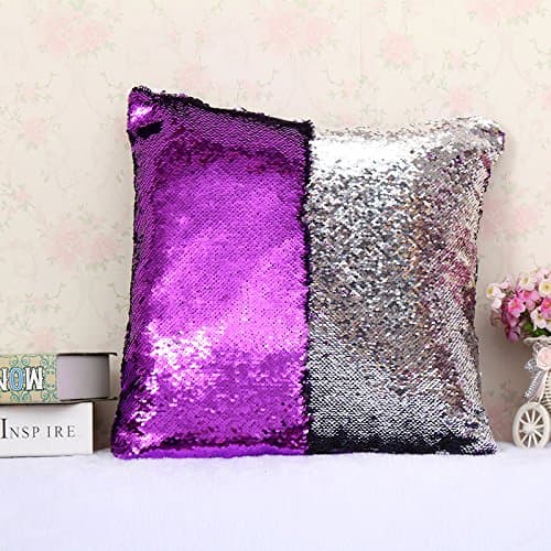 Hidoon DIY Two Tone Glitter Sequins Throw Pillow Covers Magical Color Changing Euro Pillowcase Home Decor Sequin Pillow Cases 16x16 Inch - Purple and Silver