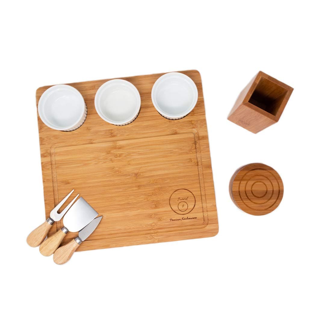 Full-Bundle Cheese Board and Food Serving Set, 13.4 Inches x13.4 Inches Bamboo Charcuterie Board with 4 Wine Coasters, 3 Ceramic Bowls, and Cutlery Set Included