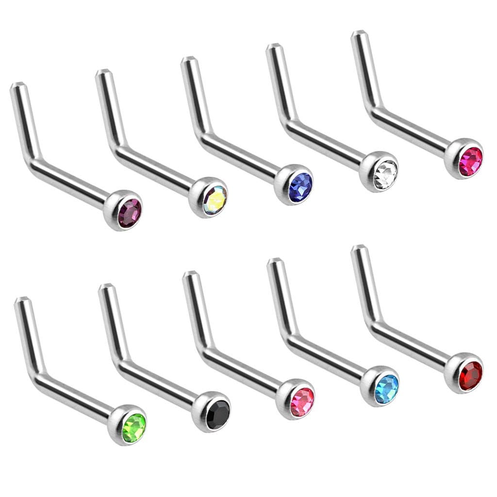 (2 pieces) 22g (0.6mm) "L" bend Nose Stud Ring Press Fit (2mm) CZ Gem (316L) Surgical Steel