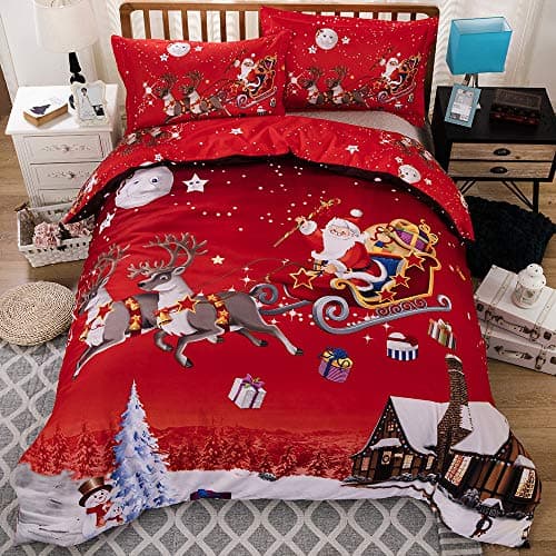 HANSUNBA Home Textile Red Christmas 100% Polyester 3pcs Bedding Set Duvet Cover Set Quilt Cover Set(No Comforter) Twin/Full/Queen/UKking Size