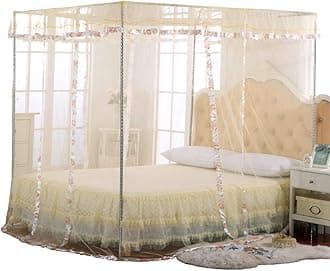 JQWUPUP Canopy Netting for Bed - 4 Corner Canopy for Beds, Canopy Bed Curtains, Bed Canopy for Girls Kids, Bedroom Decor (Full Size, Beige)