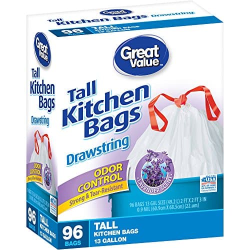 Great Value Odor Control Lavender Scent Drawstring Tall Kitchen Bags, 13 Gallon, 96 count