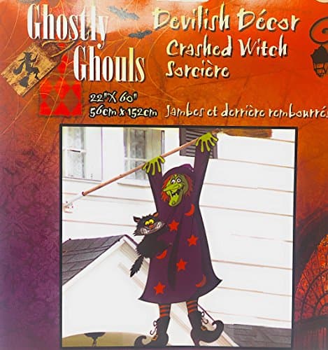 Halloween Decoration Crashed Witch with a Hat and Witch Black Cat For Door Wall Party Décor Simple Flag (22” x 60”)