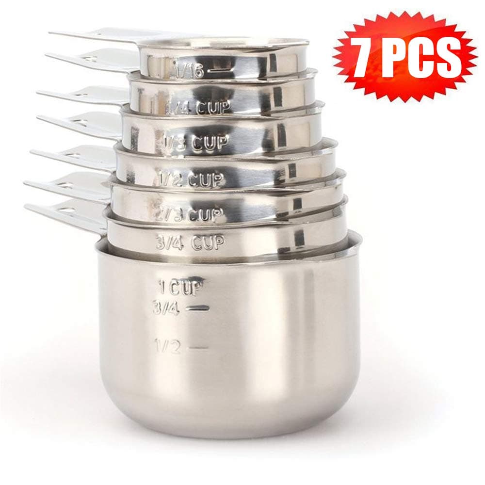 Chikanb 7 Pcs Set Measuring Cups Combo for Measuring Dry and Liquid Ingredients - Stainless Steel Stackable Measurement Kitchen Baking Cooking Utensils with Ring Connector