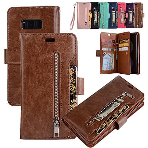 Huitao for iPhone 5/X/8/8Plus/7/7Plus/6Plusssamsung S8/S8Plus/S7/S7edge New Multifunction Multiple Card Slot Flip Buckle Leather Phone Case Wallet with Hand Strap Purple Samsung Galaxy S7 Edge