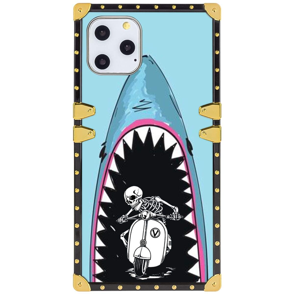 hfijgsj Square Case for iPhone 11 Pro Max 6.5 Inch 2019, Skull Riding Motorcycle In Shark Art Fashion Slim Soft Shockproof Design Metal Decorative Full Protective Phone Case